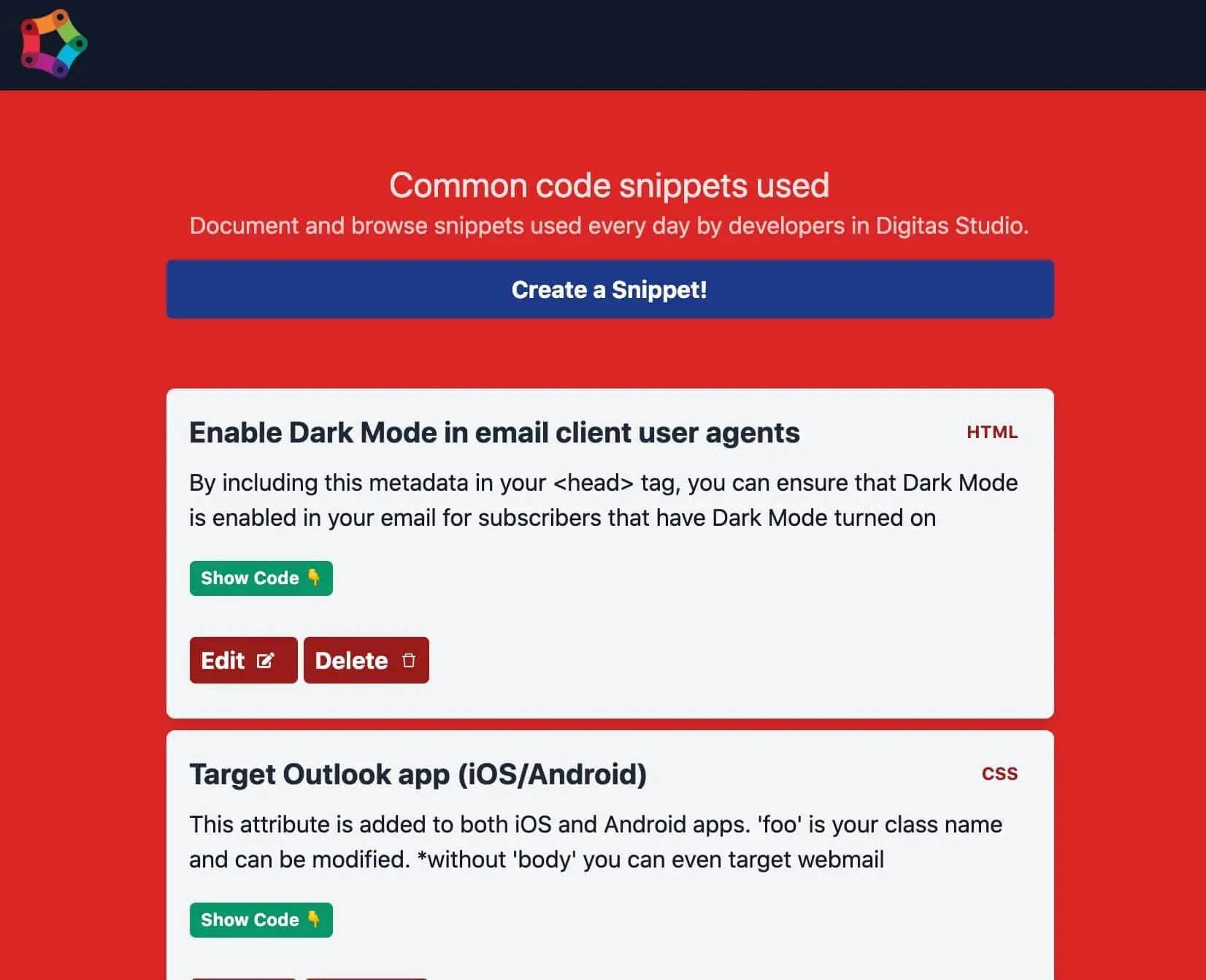 Code Snippets CRUD preview